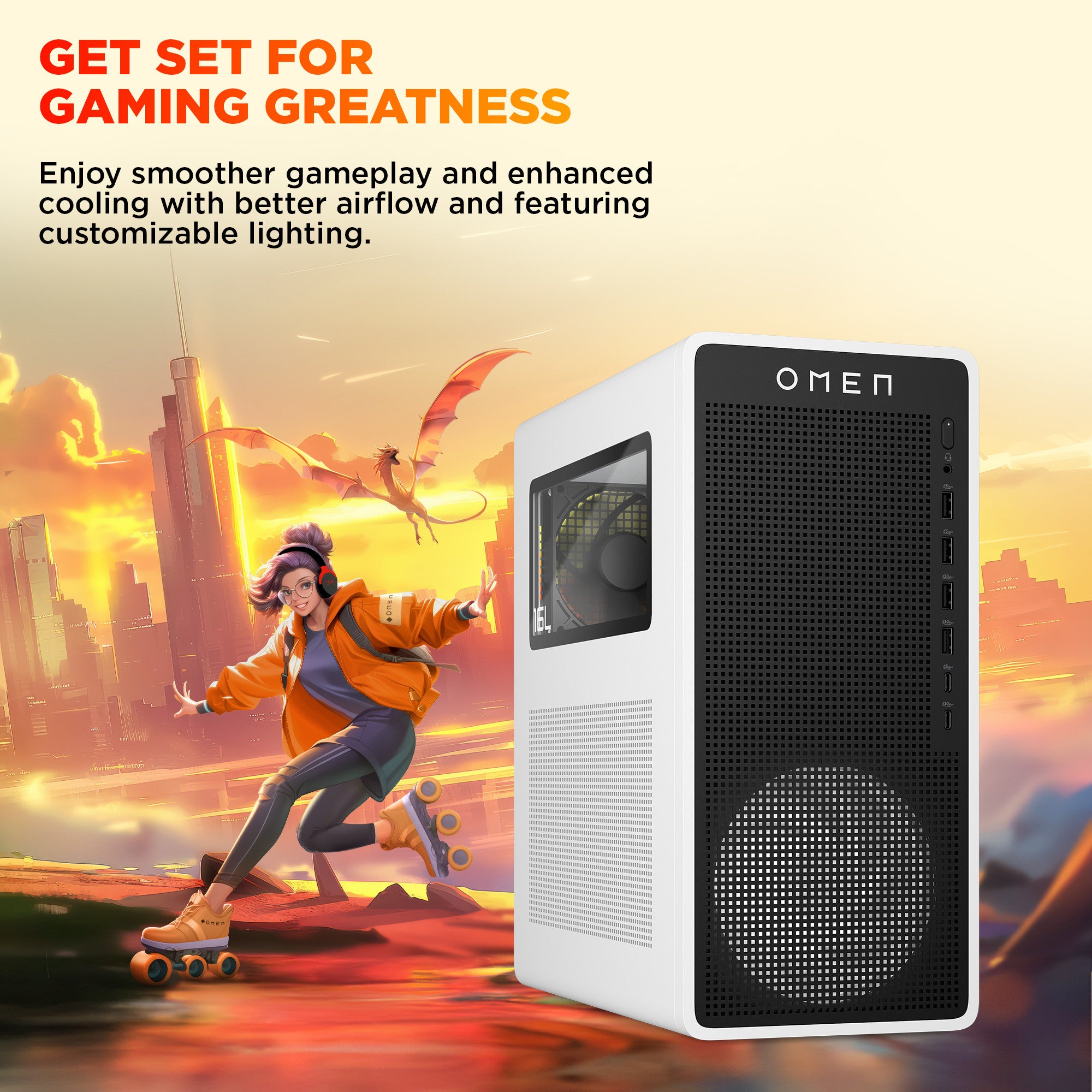 OMEN 16L Gaming Desktop TG03-0085t PC. Windows 11 Home. Intel® Core™ Ultra 7. 32GB RAM. 1TB SSD. NVIDIA® GeForce RTX™ 5060. Snow white - Image 2
